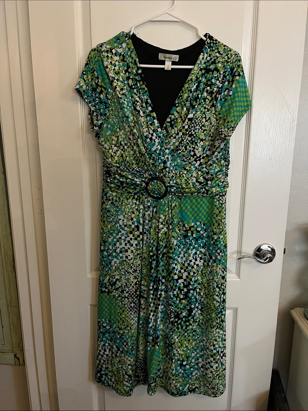 Dress Barn Green & Teal Mosaic V-Neck Dress with Ring Belt